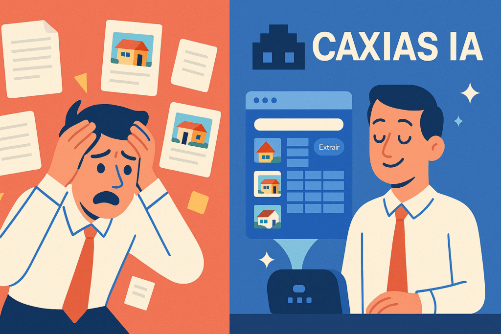 imagem mostra a extração de dados manual que consumia muito tempo e com o Caxias IA agora ele está feliz com muita rapidez